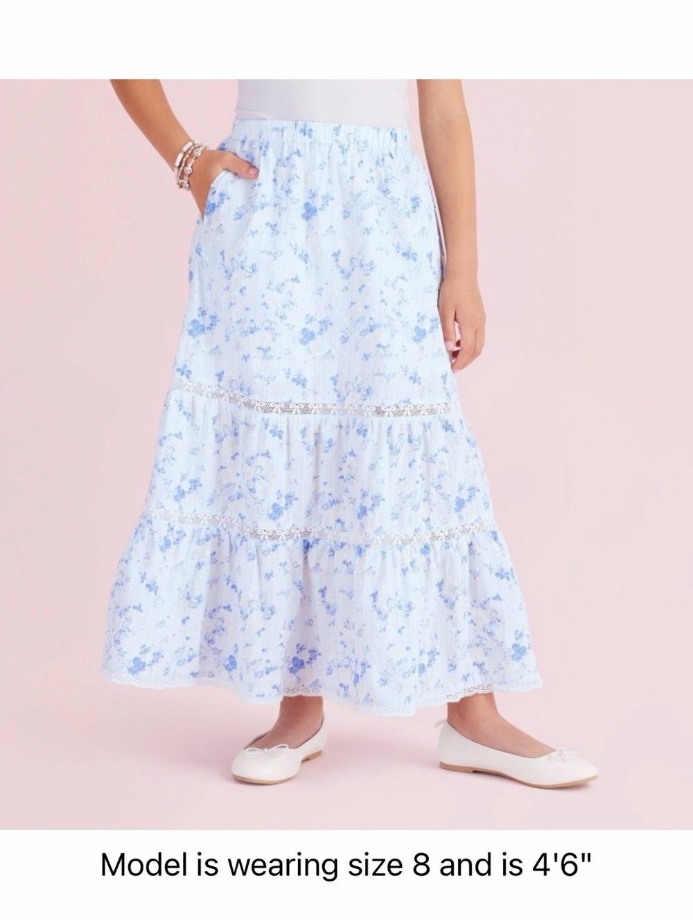 LoveShackFancy White and Light Blue Floral Tiered Skirt